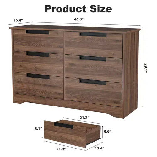 Commode 6 tiroirs pour chambre à coucher, 6 tiroirs en noyer avec poignées intégrées, commode de rangement en bois pour salon, entrée, chambre d'enfant