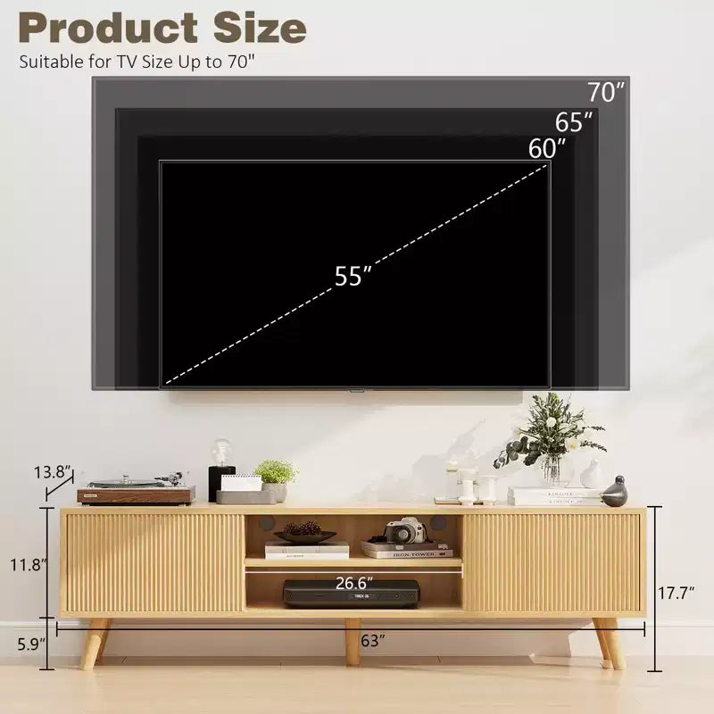 Meuble TV GDFStudio Avalon en bois avec ondulations cannelées pour téléviseurs jusqu'à 70 pouces