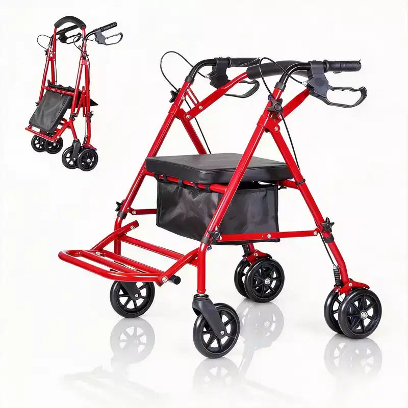 Fauteuil roulant pliable portable pour adultes, capacité de 135 kg, 6 roues, hauteur réglable, rangement sous le siège, siège et repose-pieds confortables