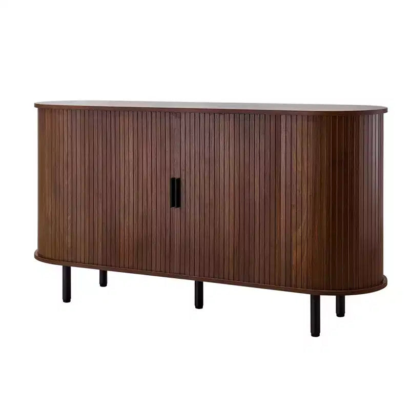 VEVOR Coffee Bar Cabinet, Mid Century Fluted Coffee Bar Table, Buffet Stand Cabinet with 2 Sliding Doors, Sideboard Buffet Station, Walnut