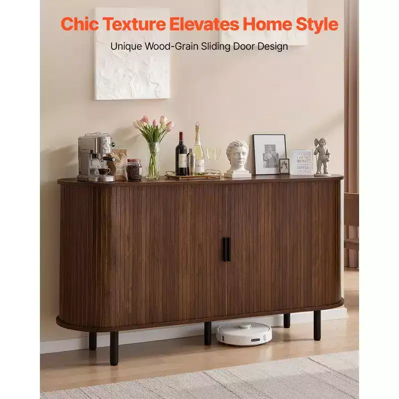 Meuble de bar à café VEVOR, Table de bar à café cannelée style Mid-Century, Meuble buffet avec 2 portes coulissantes, Station de buffet, Noyer