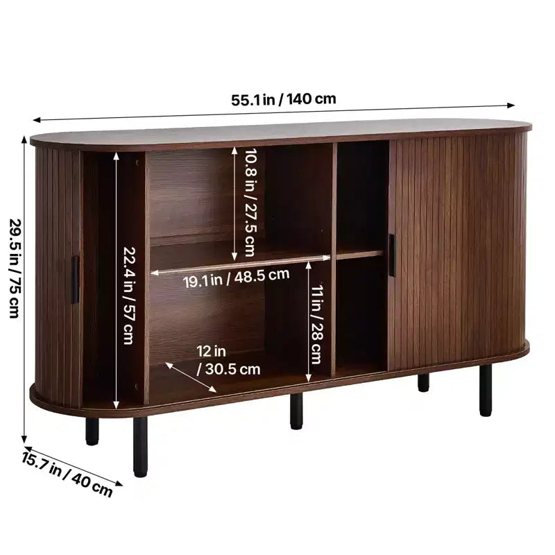 Meuble de bar à café VEVOR, Table de bar à café cannelée style Mid-Century, Meuble buffet avec 2 portes coulissantes, Station de buffet, Noyer