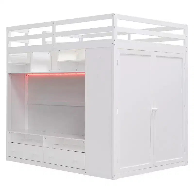 Lit mezzanine moderne Luxystar avec armoire, meuble TV lumineux avec centre de divertissement, étagères et 2 tiroirs