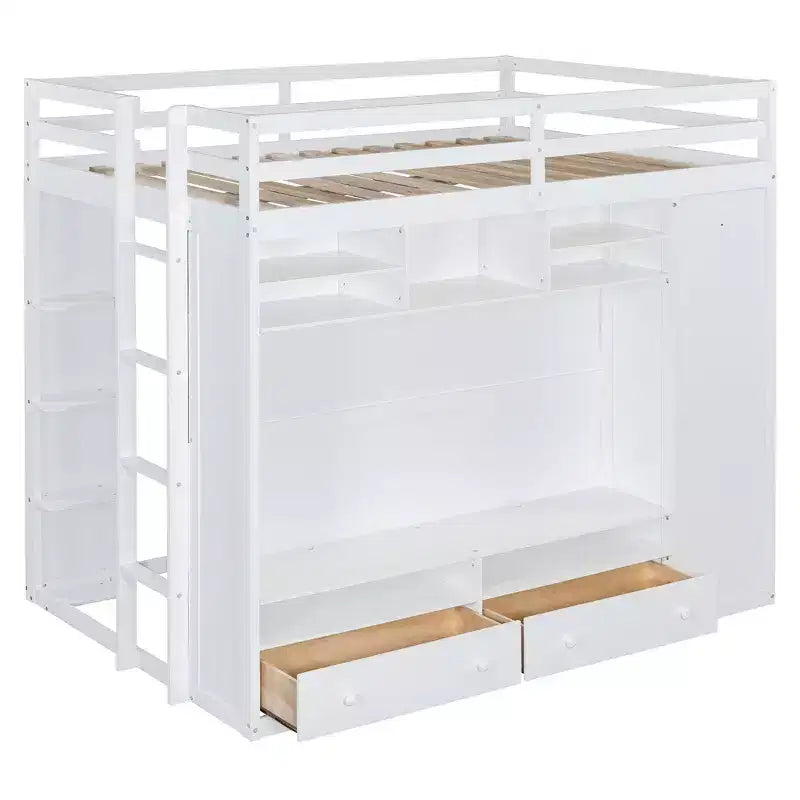 Lit mezzanine moderne Luxystar avec armoire, meuble TV lumineux avec centre de divertissement, étagères et 2 tiroirs