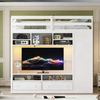 Lit mezzanine moderne Luxystar avec armoire, meuble TV lumineux avec centre de divertissement, étagères et 2 tiroirs