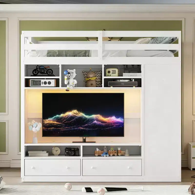 Lit mezzanine moderne Luxystar avec armoire, meuble TV lumineux avec centre de divertissement, étagères et 2 tiroirs