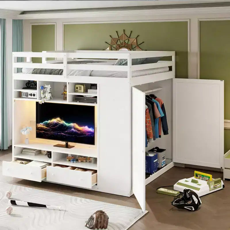 Lit mezzanine moderne Luxystar avec armoire, meuble TV lumineux avec centre de divertissement, étagères et 2 tiroirs