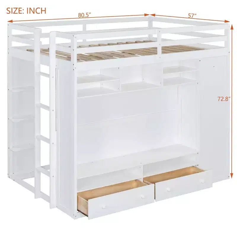 Lit mezzanine moderne Luxystar avec armoire, meuble TV lumineux avec centre de divertissement, étagères et 2 tiroirs