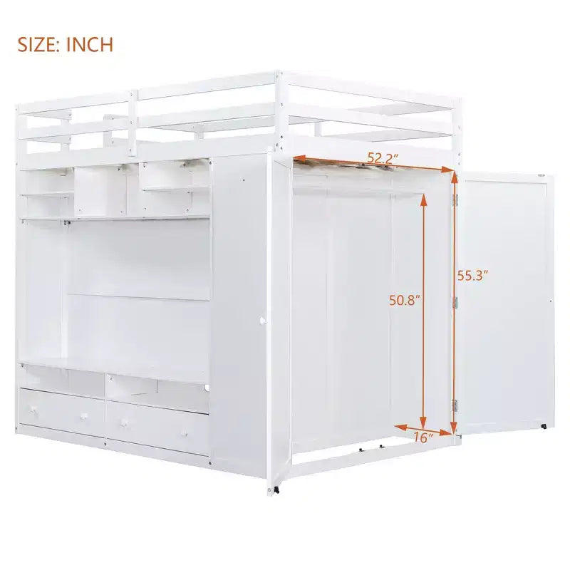 Lit mezzanine moderne Luxystar avec armoire, meuble TV lumineux avec centre de divertissement, étagères et 2 tiroirs