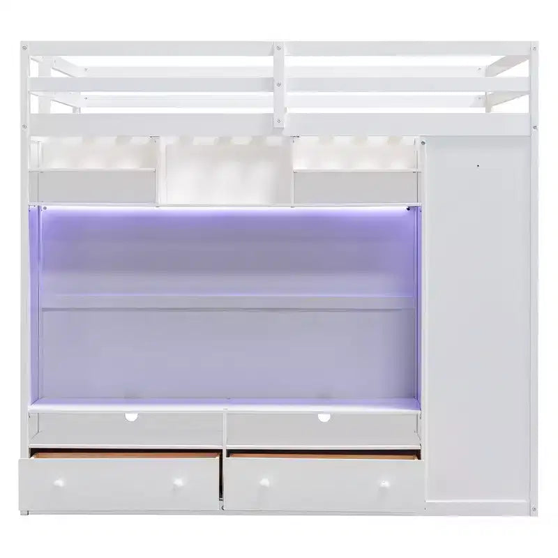 Lit mezzanine moderne Luxystar avec armoire, meuble TV lumineux avec centre de divertissement, étagères et 2 tiroirs