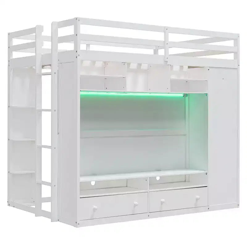Lit mezzanine moderne Luxystar avec armoire, meuble TV lumineux avec centre de divertissement, étagères et 2 tiroirs