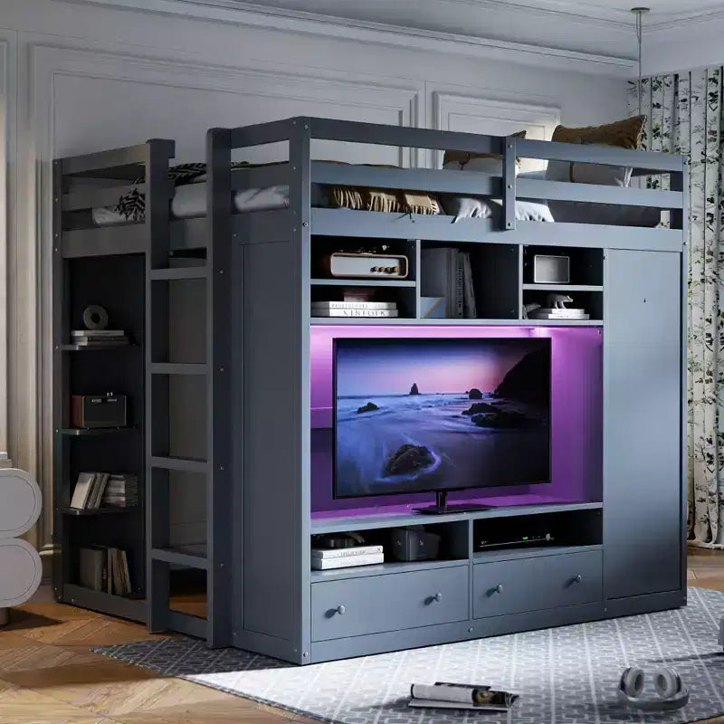 Luxystar Modern Loft Bed With Arrmoire, Lighted TV Stand Entertainment Center, Shelves and 2 Drawers