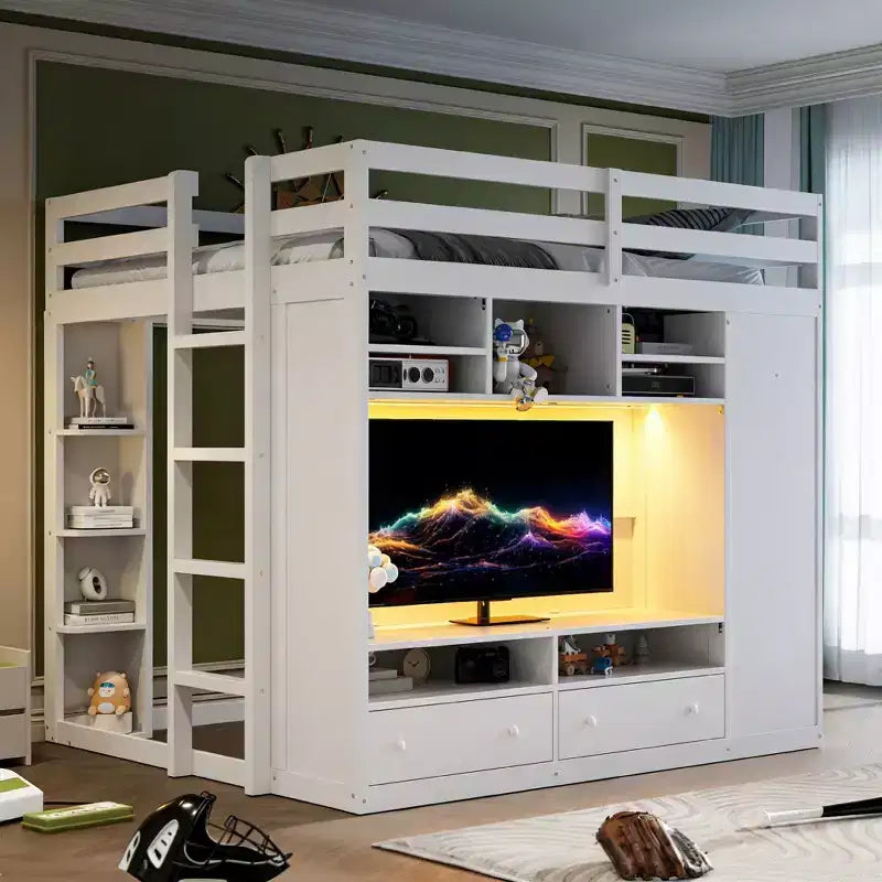 Lit mezzanine moderne Luxystar avec armoire, meuble TV lumineux avec centre de divertissement, étagères et 2 tiroirs
