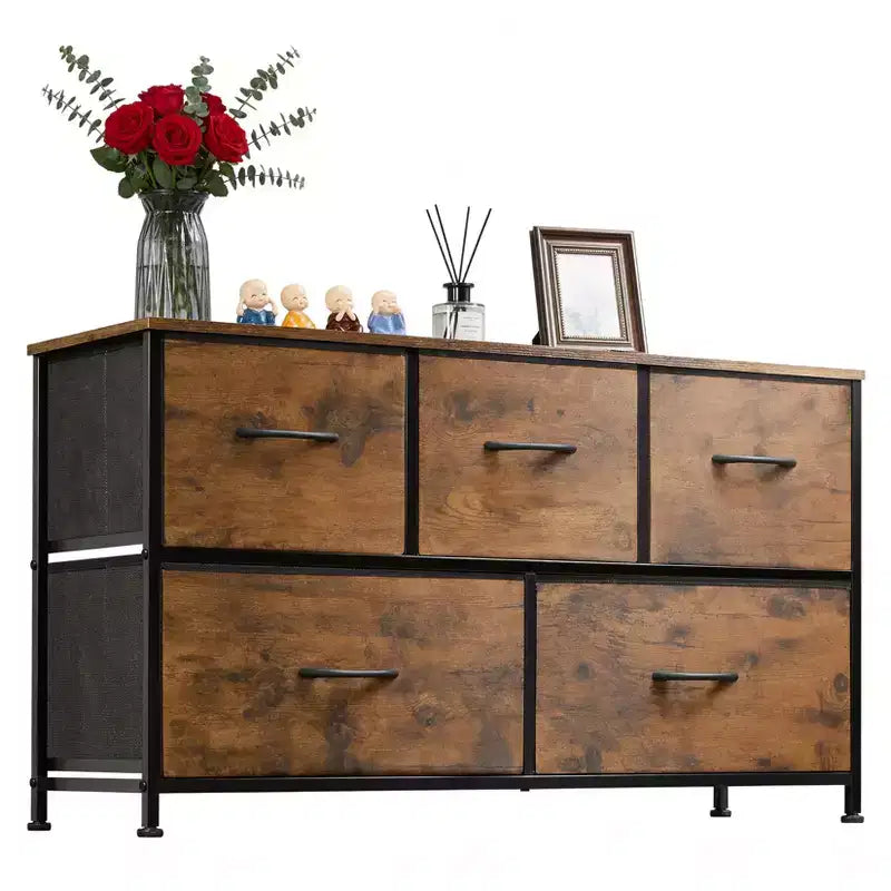 5-Drawer Metal Fabric Storage Dresser, Wide Removable Bedroom Vanity Chest, Closet Living Room Hallway Organizer Unit