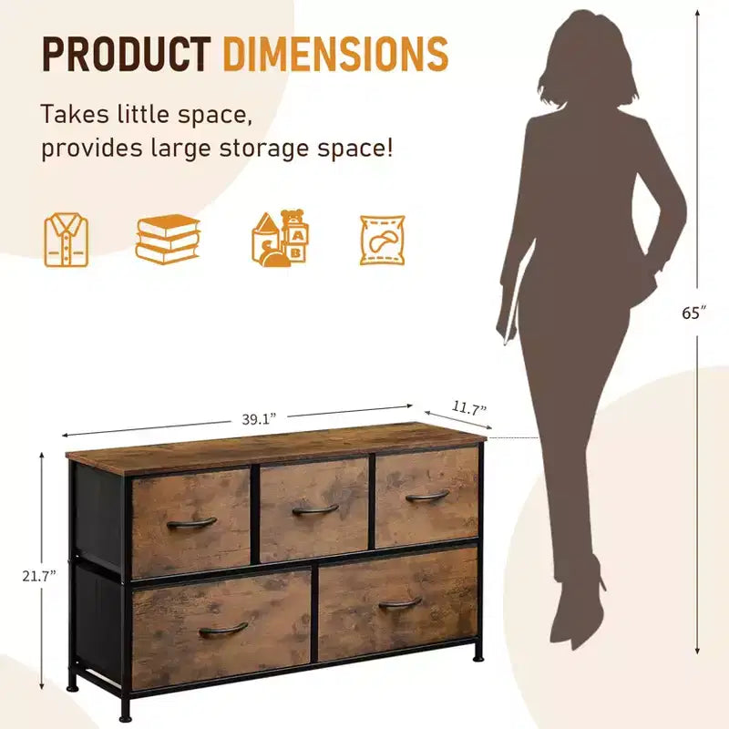 Commode de rangement en tissu métallique à 5 tiroirs, commode de chambre large et amovible, unité de rangement pour placard, salon, couloir