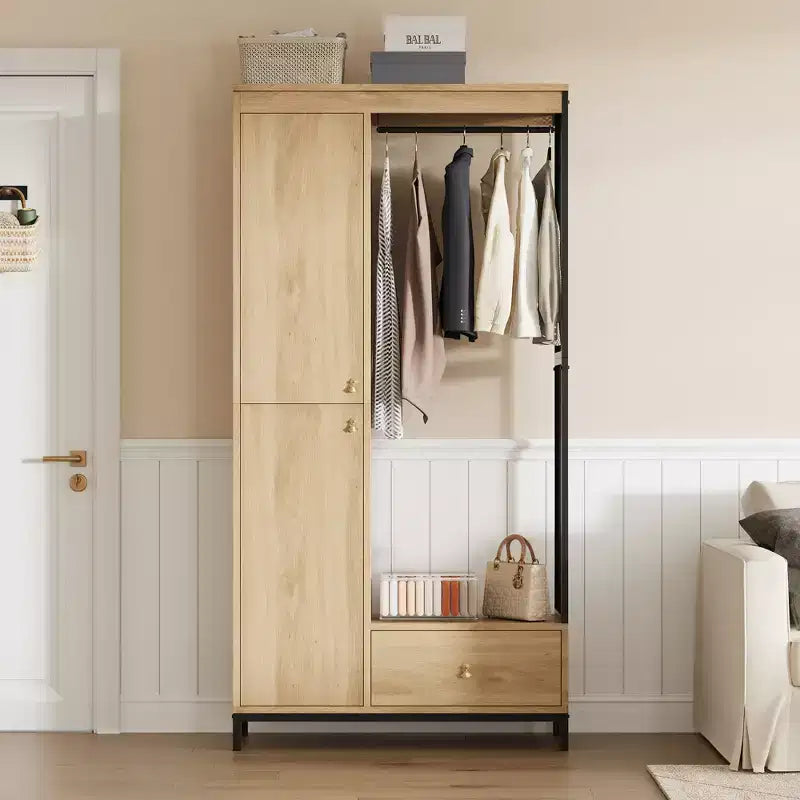 Organisateur de placard autoportant avec étagères et tringle, Portant à vêtements moderne en métal avec côté en maille et tiroir, Système de rangement de vêtements peu encombrant