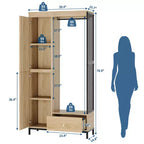 Organisateur de placard autoportant avec étagères et tringle, Portant à vêtements moderne en métal avec côté en maille et tiroir, Système de rangement de vêtements peu encombrant