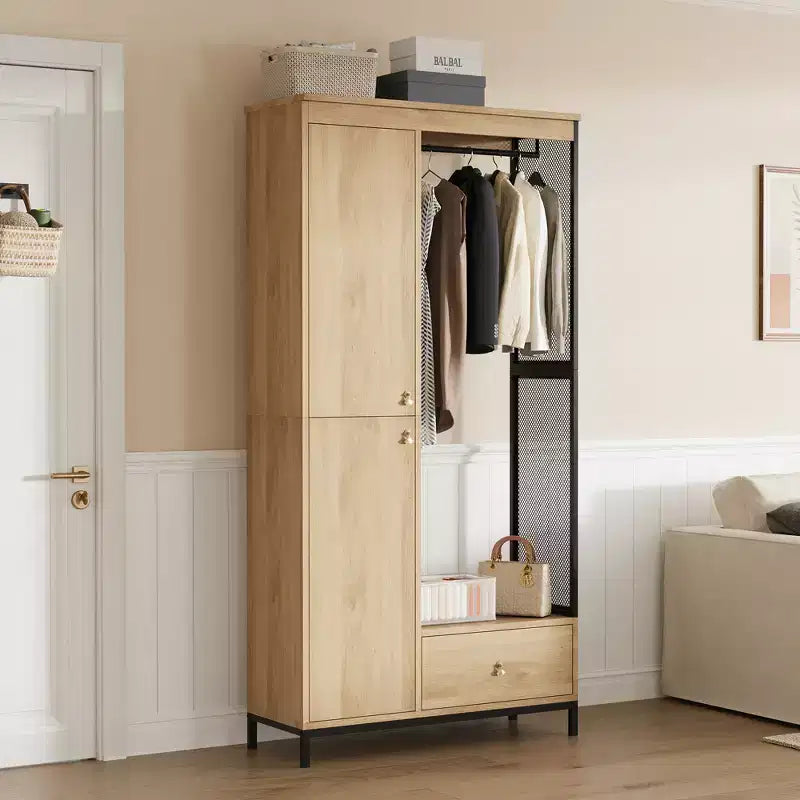 Organisateur de placard autoportant avec étagères et tringle, Portant à vêtements moderne en métal avec côté en maille et tiroir, Système de rangement de vêtements peu encombrant