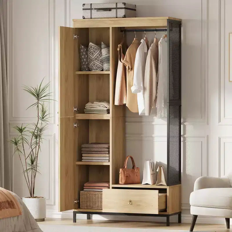 Organisateur de placard autoportant avec étagères et tringle, Portant à vêtements moderne en métal avec côté en maille et tiroir, Système de rangement de vêtements peu encombrant