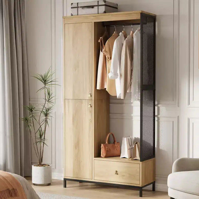 Organisateur de placard autoportant avec étagères et tringle, Portant à vêtements moderne en métal avec côté en maille et tiroir, Système de rangement de vêtements peu encombrant