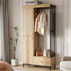 Organisateur de placard autoportant avec étagères et tringle, Portant à vêtements moderne en métal avec côté en maille et tiroir, Système de rangement de vêtements peu encombrant