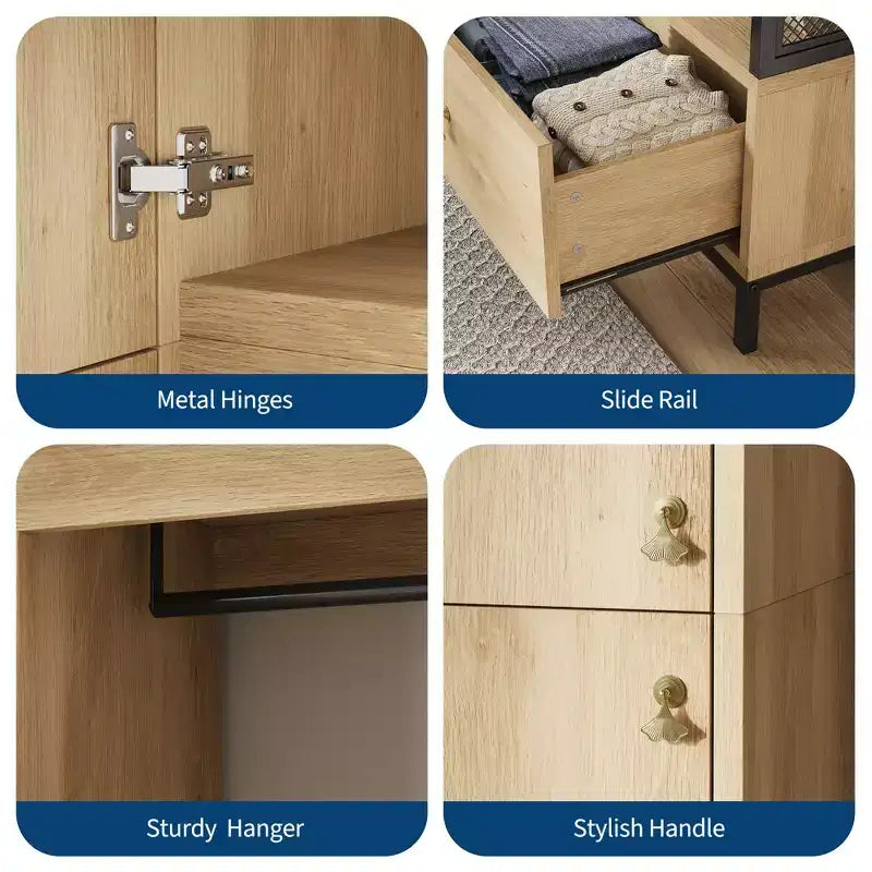 Organisateur de placard autoportant avec étagères et tringle, Portant à vêtements moderne en métal avec côté en maille et tiroir, Système de rangement de vêtements peu encombrant