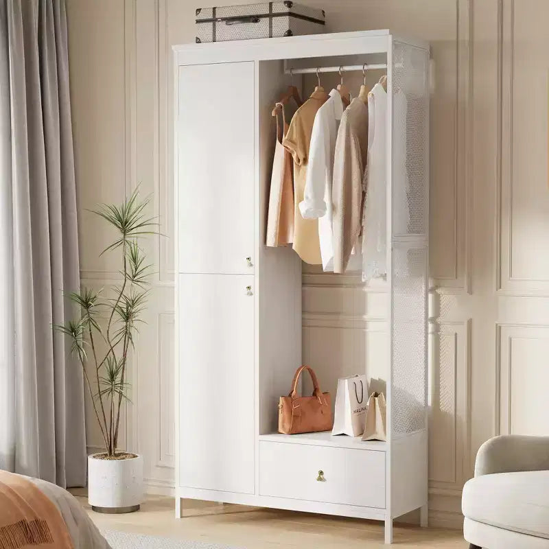 Organisateur de placard autoportant avec étagères et tringle, Portant à vêtements moderne en métal avec côté en maille et tiroir, Système de rangement de vêtements peu encombrant