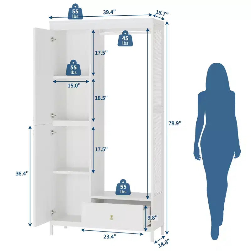Organisateur de placard autoportant avec étagères et tringle, Portant à vêtements moderne en métal avec côté en maille et tiroir, Système de rangement de vêtements peu encombrant