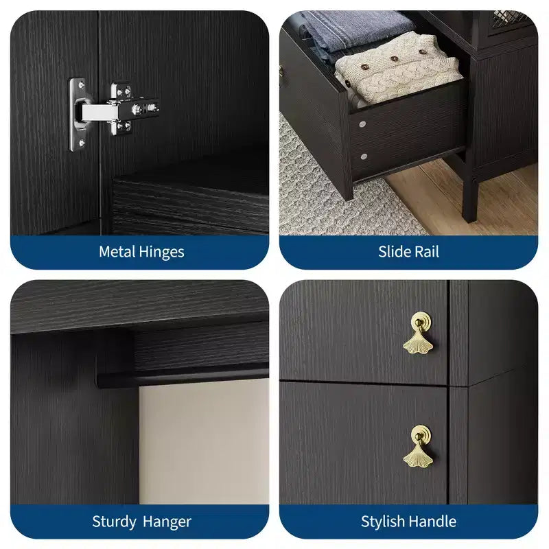 Organisateur de placard autoportant avec étagères et tringle, Portant à vêtements moderne en métal avec côté en maille et tiroir, Système de rangement de vêtements peu encombrant