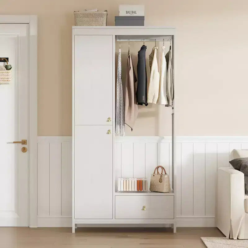 Organisateur de placard autoportant avec étagères et tringle, Portant à vêtements moderne en métal avec côté en maille et tiroir, Système de rangement de vêtements peu encombrant