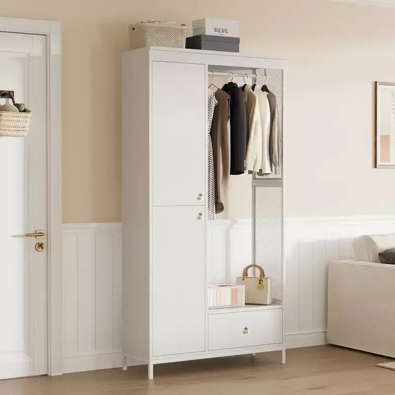 Organisateur de placard autoportant avec étagères et tringle, Portant à vêtements moderne en métal avec côté en maille et tiroir, Système de rangement de vêtements peu encombrant