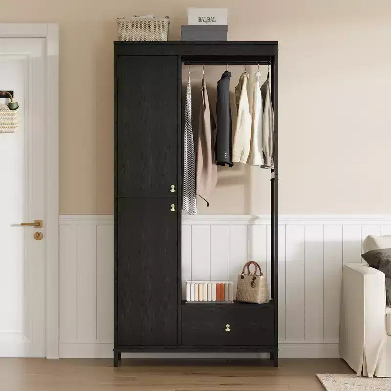 Organisateur de placard autoportant avec étagères et tringle, Portant à vêtements moderne en métal avec côté en maille et tiroir, Système de rangement de vêtements peu encombrant