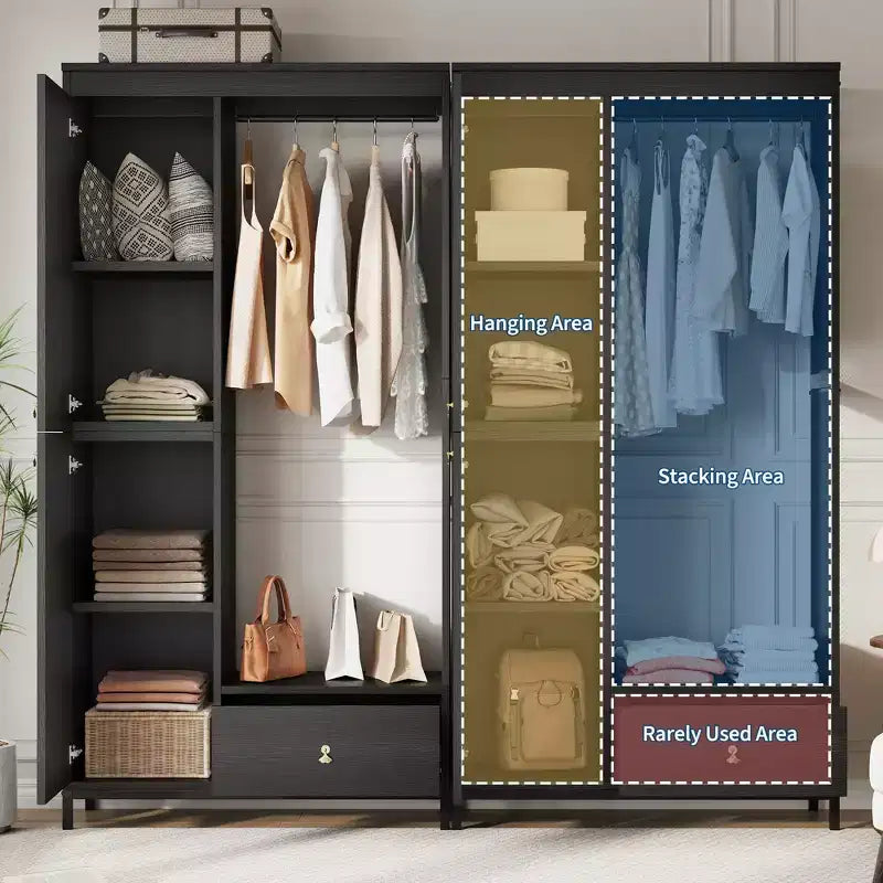 Organisateur de placard autoportant avec étagères et tringle, Portant à vêtements moderne en métal avec côté en maille et tiroir, Système de rangement de vêtements peu encombrant