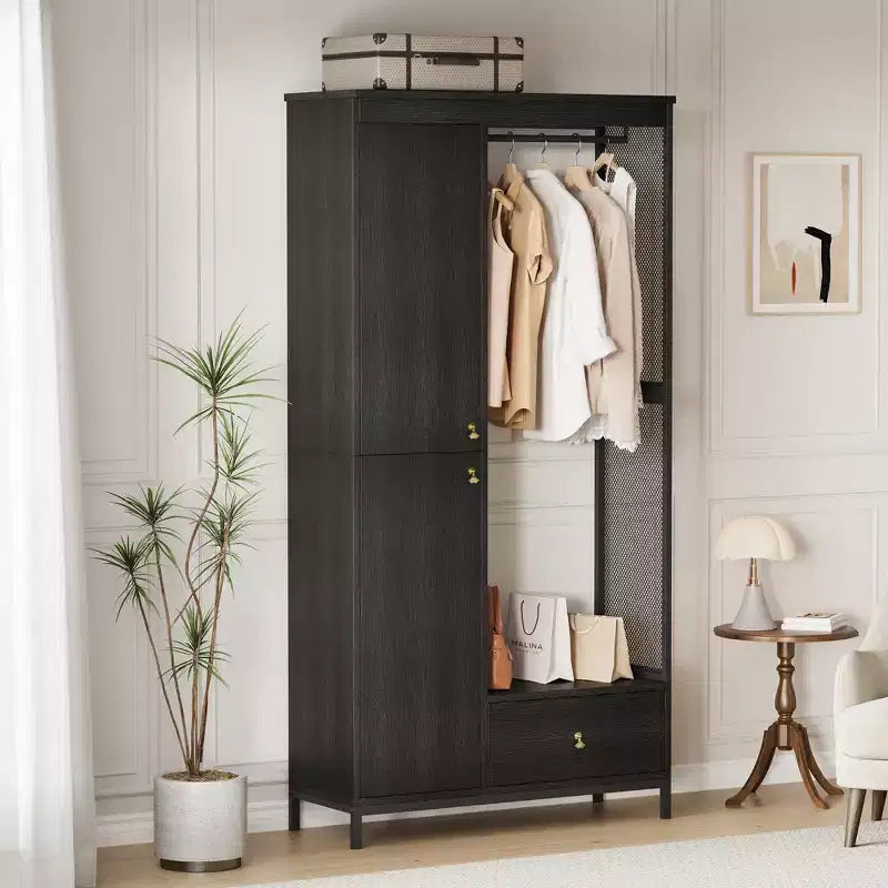 Organisateur de placard autoportant avec étagères et tringle, Portant à vêtements moderne en métal avec côté en maille et tiroir, Système de rangement de vêtements peu encombrant
