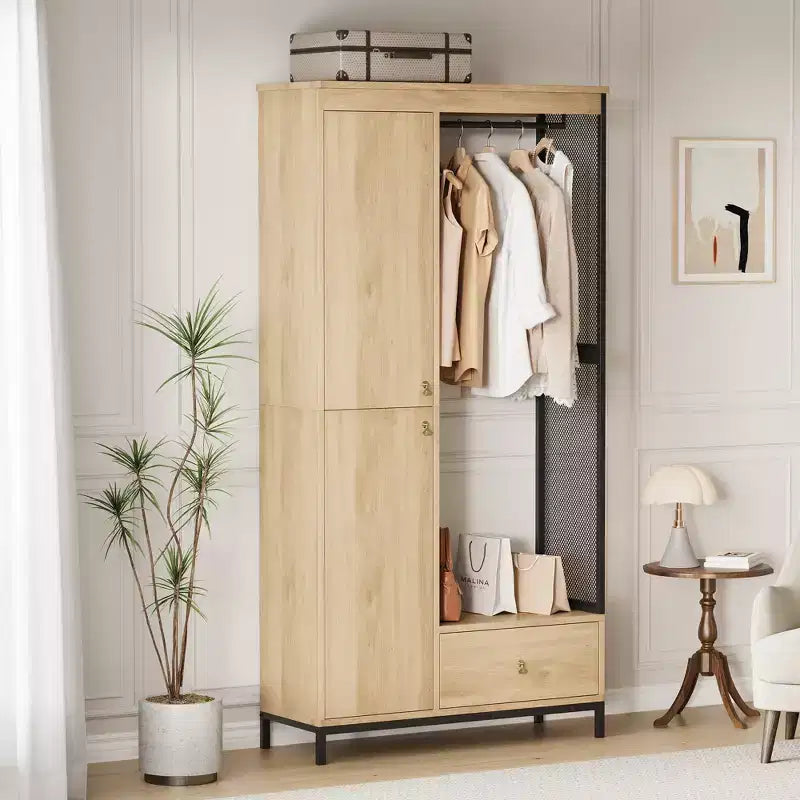 Organisateur de placard autoportant avec étagères et tringle, Portant à vêtements moderne en métal avec côté en maille et tiroir, Système de rangement de vêtements peu encombrant