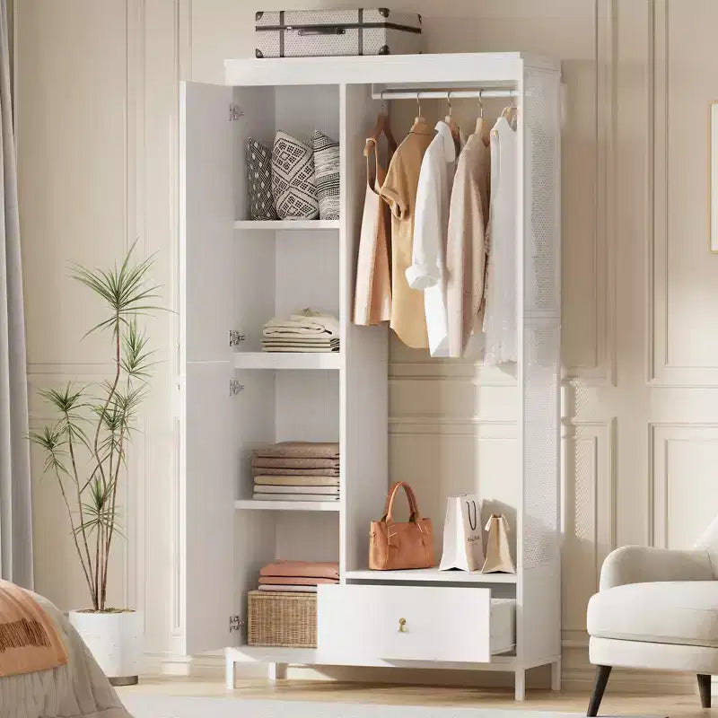 Organisateur de placard autoportant avec étagères et tringle, Portant à vêtements moderne en métal avec côté en maille et tiroir, Système de rangement de vêtements peu encombrant