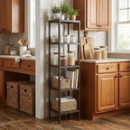 Étagère à 5 niveaux en bambou, support étroit pour plantes avec étagères à lattes, étagère de rangement en bois marron pour salle de bain, salon, cuisine, chambre à coucher