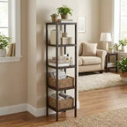 Étagère à 5 niveaux en bambou, support étroit pour plantes avec étagères à lattes, étagère de rangement en bois marron pour salle de bain, salon, cuisine, chambre à coucher