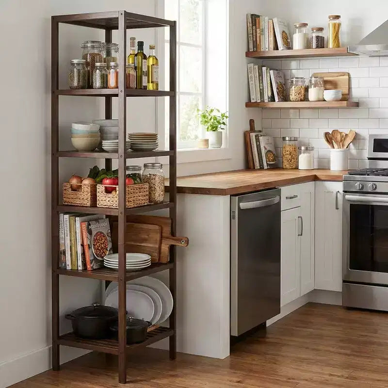 Étagère à 5 niveaux en bambou, support étroit pour plantes avec étagères à lattes, étagère de rangement en bois marron pour salle de bain, salon, cuisine, chambre à coucher