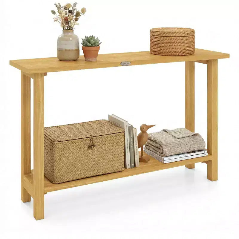 Costway Table console 47 en bois massif, table de canapé étroite de ferme à 2 niveaux avec cadre en bois de teck Naturel-47/46/57/71