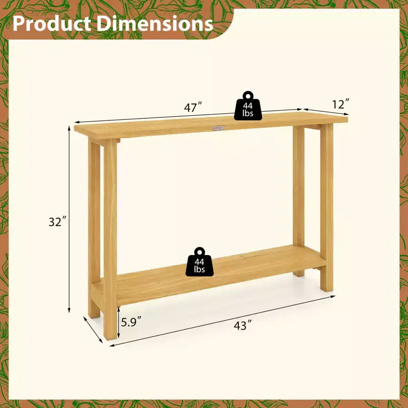 Costway Table console 47 en bois massif, table de canapé étroite de ferme à 2 niveaux avec cadre en bois de teck Naturel-47/46/57/71