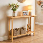 Costway Table console 47 en bois massif, table de canapé étroite de ferme à 2 niveaux avec cadre en bois de teck Naturel-47/46/57/71