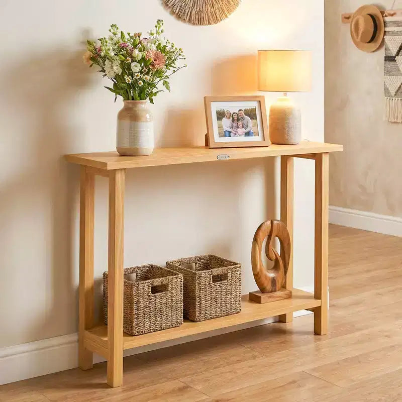 Costway Table console 47 en bois massif, table de canapé étroite de ferme à 2 niveaux avec cadre en bois de teck Naturel-47/46/57/71