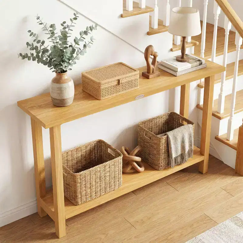 Costway Table console 47 en bois massif, table de canapé étroite de ferme à 2 niveaux avec cadre en bois de teck Naturel-47/46/57/71