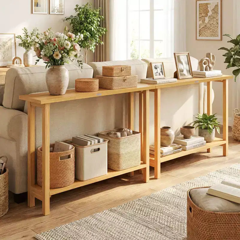 Costway Table console 47 en bois massif, table de canapé étroite de ferme à 2 niveaux avec cadre en bois de teck Naturel-47/46/57/71
