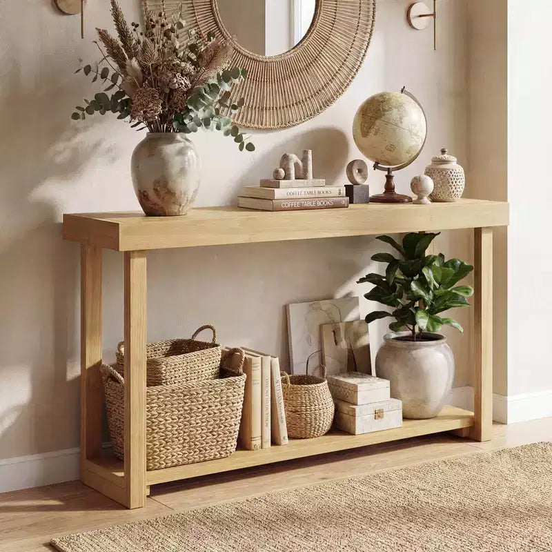 Costway Table console 47 en bois massif, table de canapé étroite de ferme à 2 niveaux avec cadre en bois de teck Naturel-47/46/57/71