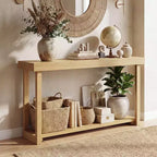 Costway Table console 47 en bois massif, table de canapé étroite de ferme à 2 niveaux avec cadre en bois de teck Naturel-47/46/57/71