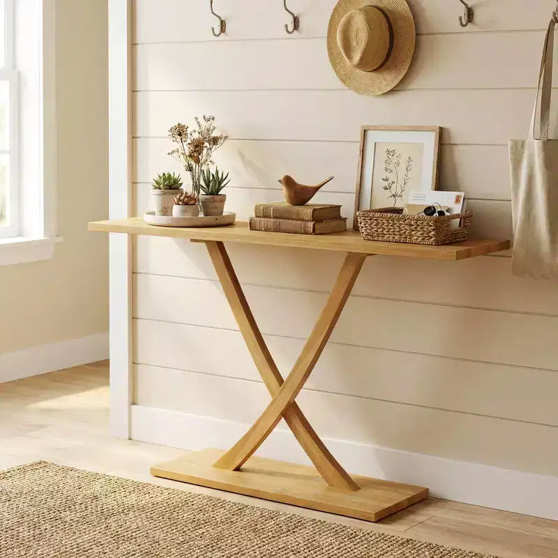 Costway Table console 47 en bois massif, table de canapé étroite de ferme à 2 niveaux avec cadre en bois de teck Naturel-47/46/57/71