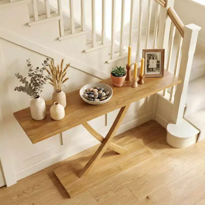 Costway Table console 47 en bois massif, table de canapé étroite de ferme à 2 niveaux avec cadre en bois de teck Naturel-47/46/57/71