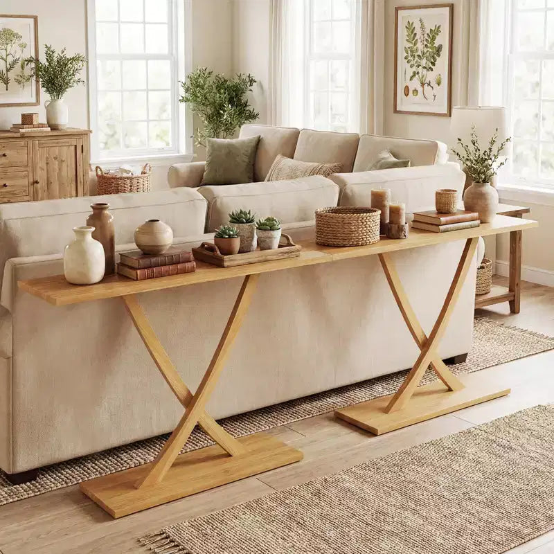 Costway Table console 47 en bois massif, table de canapé étroite de ferme à 2 niveaux avec cadre en bois de teck Naturel-47/46/57/71
